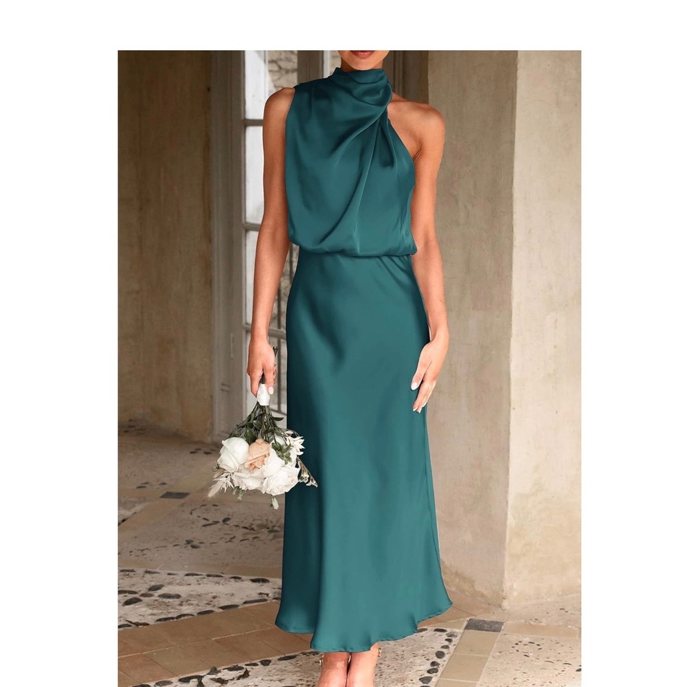 PrettyGarden Teal Satin Mock Neck Midi Dress Sleeveless Cocktail Wedding Guest S